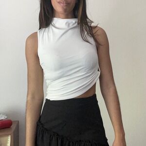 SHEIN White Sleeveless Mock‎ Neck Crop Top Ruched Tank Top Size M